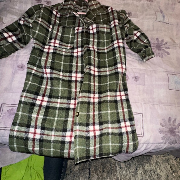 Plaid Green and Red Pea Coat - Picture 5 of 14